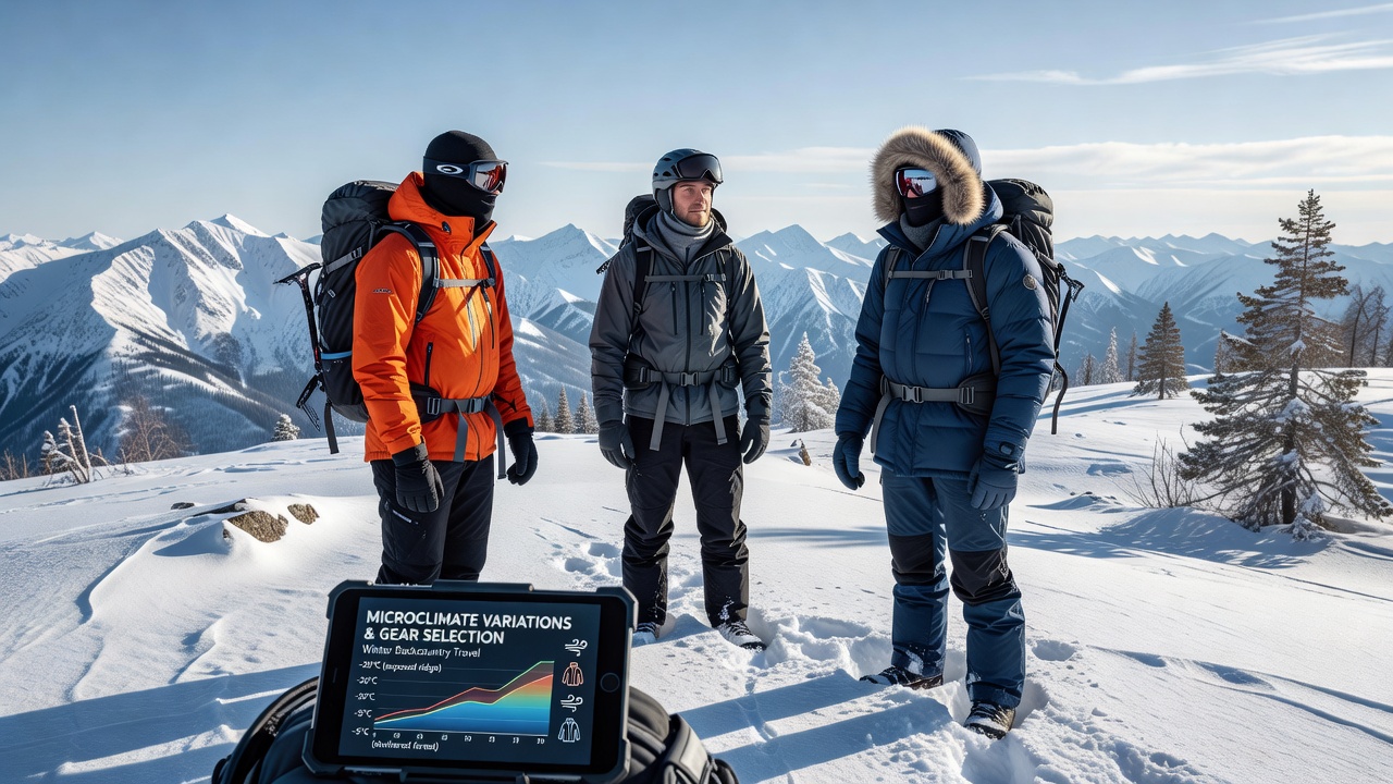 Detailed view of winter backcountry gear including layered clothing, boots, and avalanche safety equipment suited to microclimate shifts