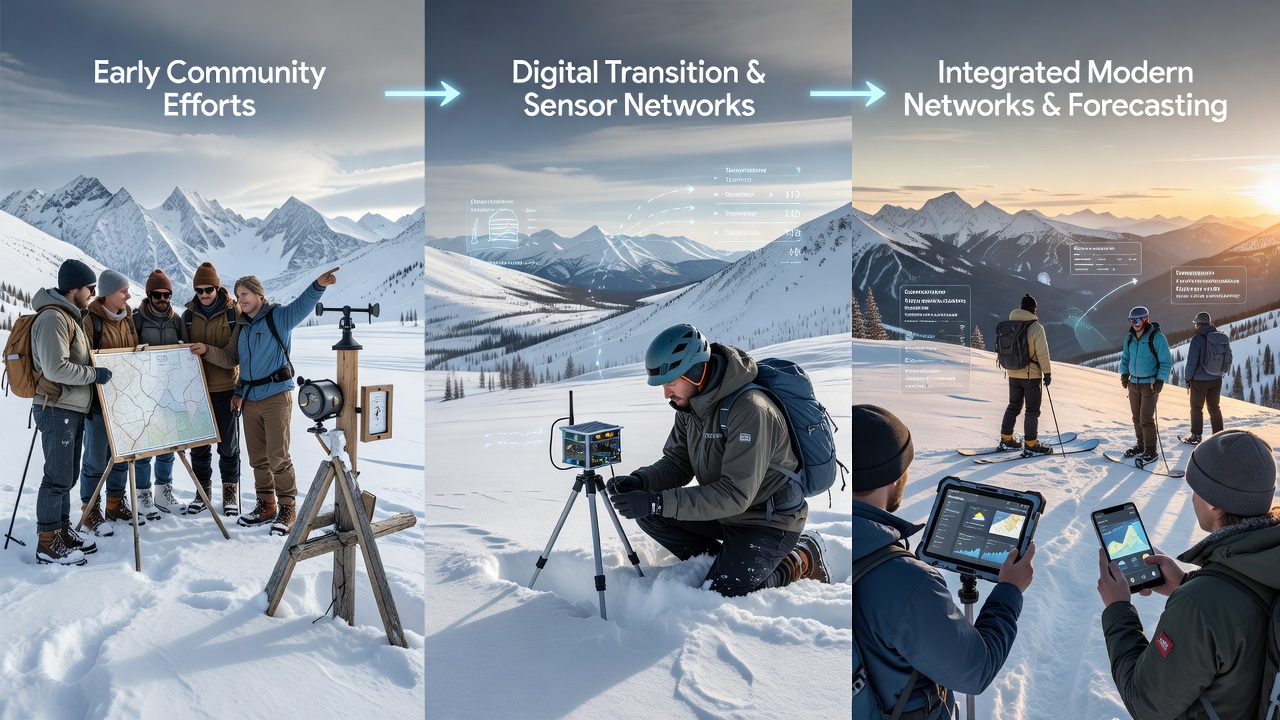 Group of backcountry travelers reviewing real-time weather data from a shared monitoring network on a handheld device